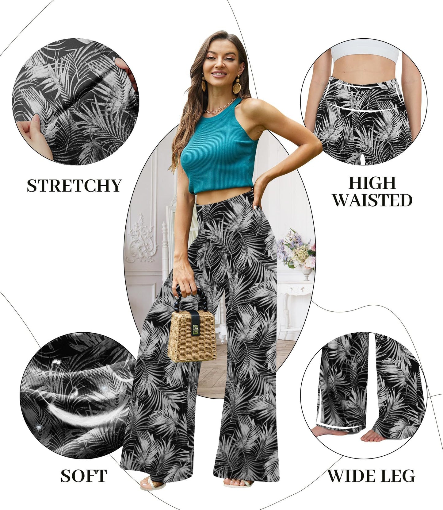 Women`s Wide-leg Trouser, Women`s Skirt Printed With White Leaves