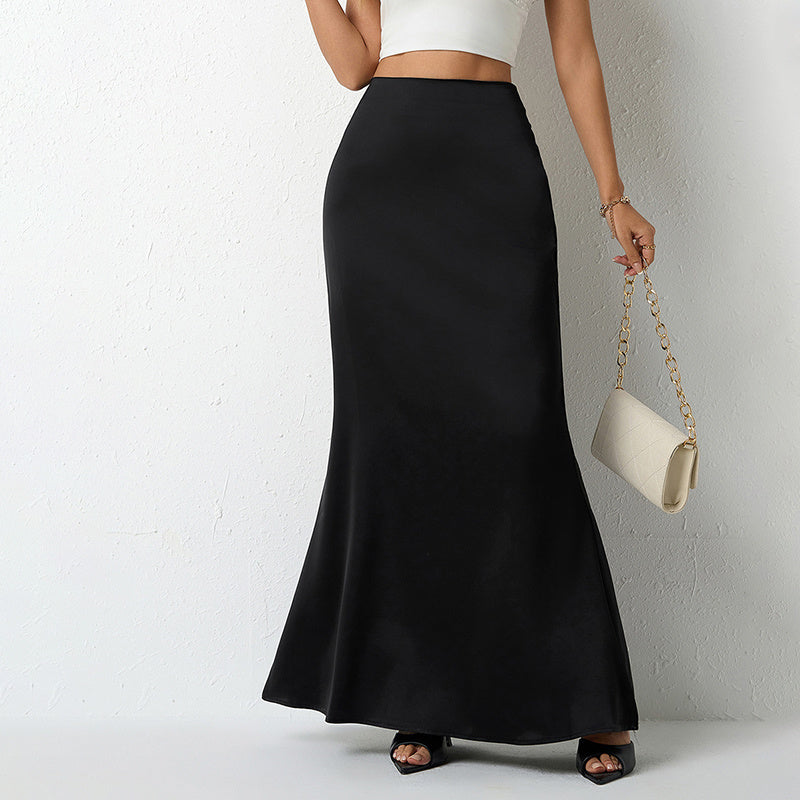 Women's Elegant Satin High Waist Flared Midi Skirt, Women`s Cocktail Party/Wedding Long Skirt