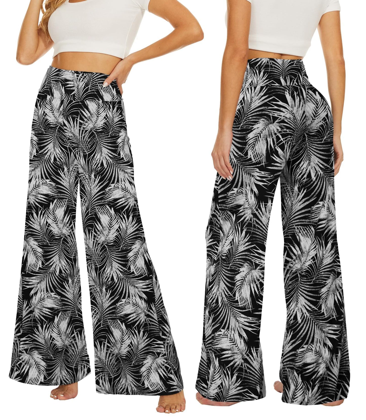 Women`s Wide-leg Trouser, Women`s Skirt Printed With White Leaves