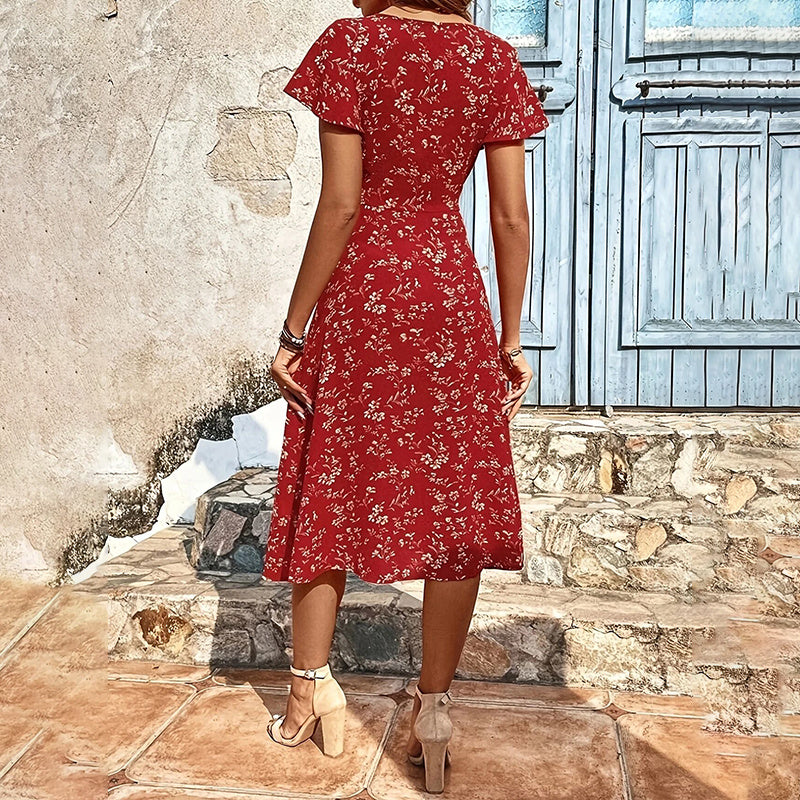 Women Summer Floral Print Maxi Dress , Women Button Up Split Long Flowy Bohemian Beach Party Dresses