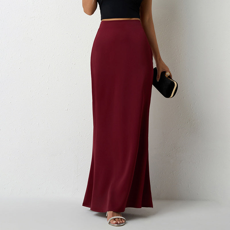 Women's Elegant Satin High Waist Flared Midi Skirt, Women`s Cocktail Party/Wedding Long Skirt