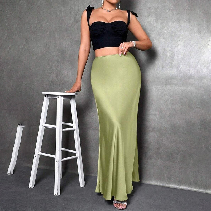 Women's Elegant Satin High Waist Flared Midi Skirt, Women`s Cocktail Party/Wedding Long Skirt