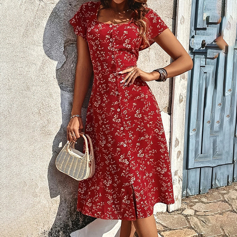 Women Summer Floral Print Maxi Dress , Women Button Up Split Long Flowy Bohemian Beach Party Dresses