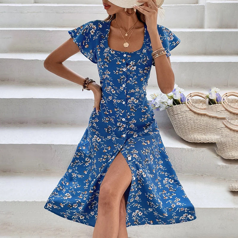 Women Summer Floral Print Maxi Dress , Women Button Up Split Long Flowy Bohemian Beach Party Dresses