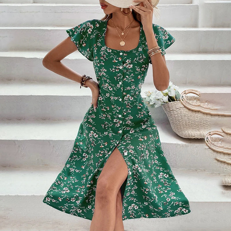 Women Summer Floral Print Maxi Dress , Women Button Up Split Long Flowy Bohemian Beach Party Dresses