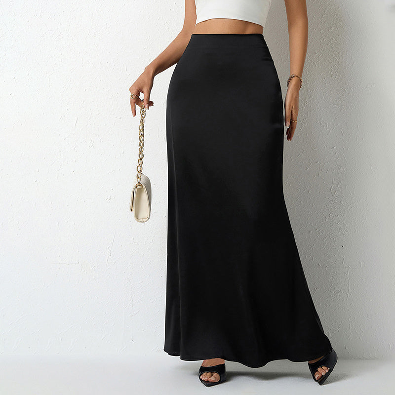 Women's Elegant Satin High Waist Flared Midi Skirt, Women`s Cocktail Party/Wedding Long Skirt
