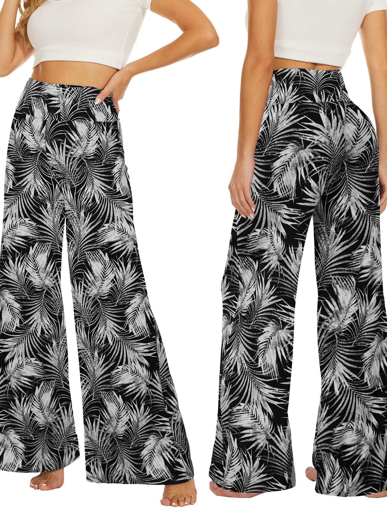 Women`s Wide-leg Trouser, Women`s Skirt Printed With White Leaves
