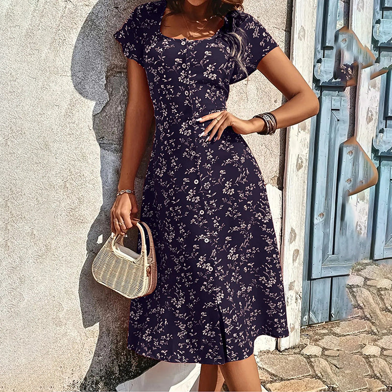 Women Summer Floral Print Maxi Dress , Women Button Up Split Long Flowy Bohemian Beach Party Dresses