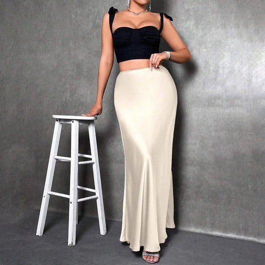 Women's Elegant Satin High Waist Flared Midi Skirt, Women`s Cocktail Party/Wedding Long Skirt
