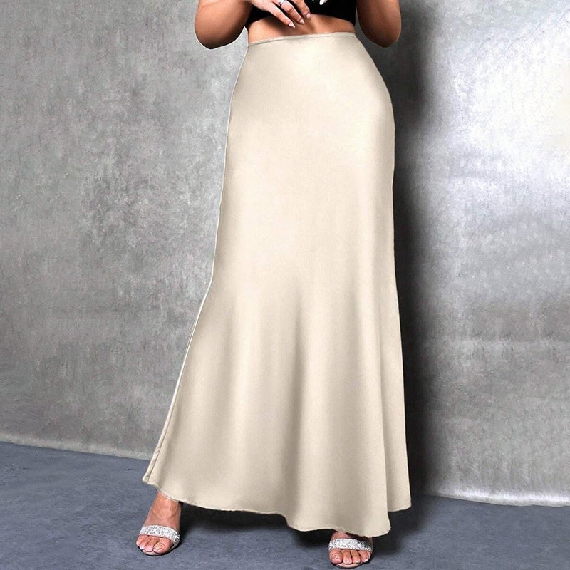 Women's Elegant Satin High Waist Flared Midi Skirt, Women`s Cocktail Party/Wedding Long Skirt