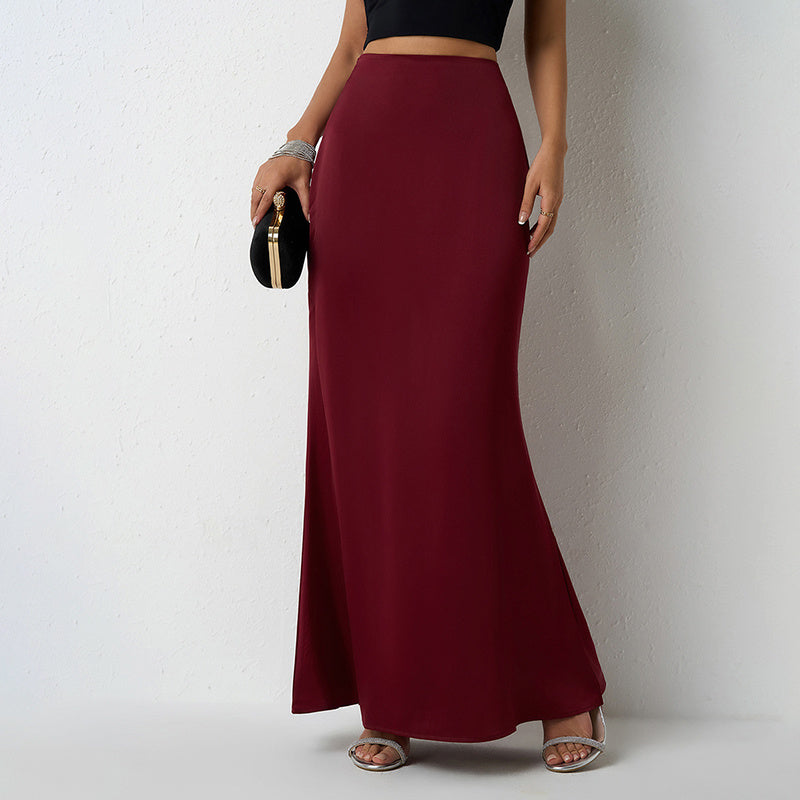 Women's Elegant Satin High Waist Flared Midi Skirt, Women`s Cocktail Party/Wedding Long Skirt