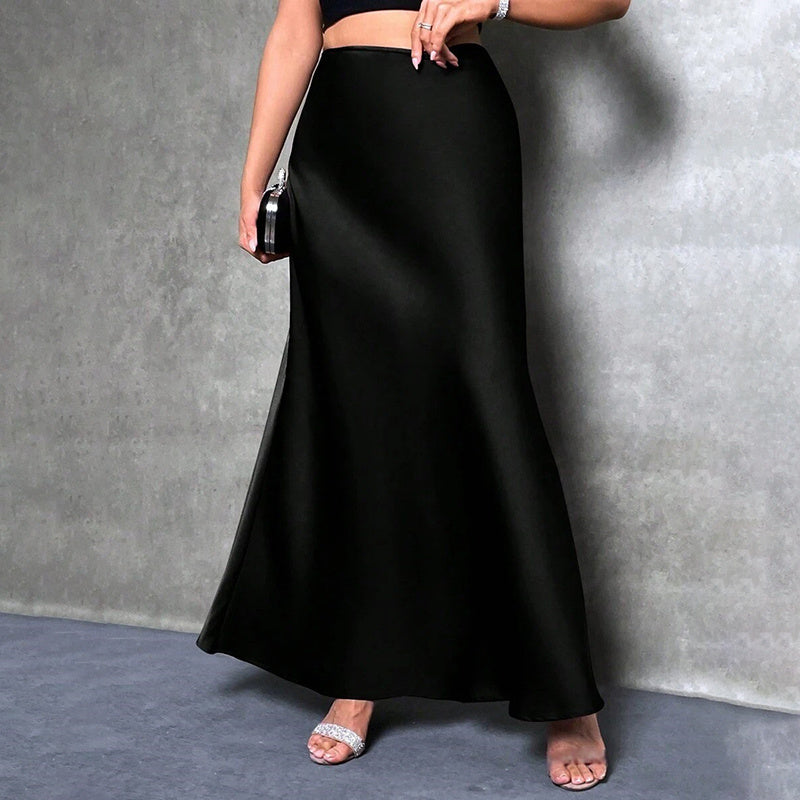 Women's Elegant Satin High Waist Flared Midi Skirt, Women`s Cocktail Party/Wedding Long Skirt